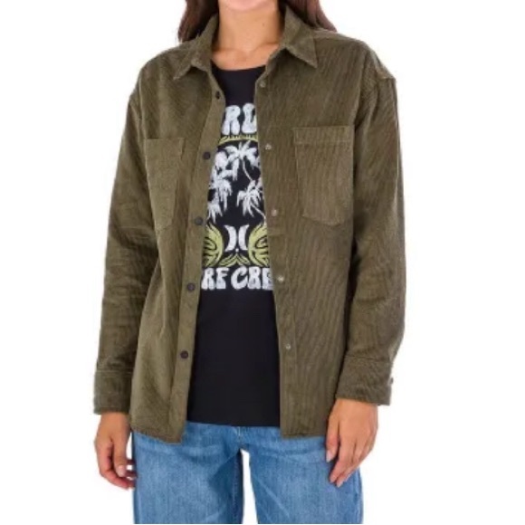 Hurley Tops - Hurley - Women's Corduroy Long Sleeve Shirt in Hunter Green - Size Medium